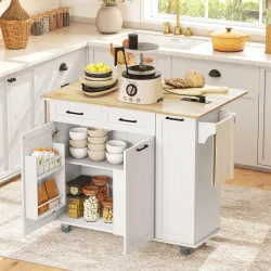 Isla de Cocina con Ruedas Toma de Corriente USB Tablero Plegable 2 Cajones Especiero y Toallero 112x74x94,5 cm B... - Ogal.Es