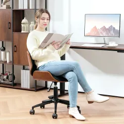 Silla de Escritorio sin Brazos Vintage Giratoria Tapizada en PU Madera Curvada Altura Ajustable Negro y Marrón - Ogal.Es