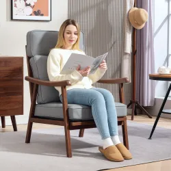 Sillón de Salón Tapizado en PU con Marco de Madera Cojines Acolchados Gruesos Gris y Madera Nogal - Ogal.Es