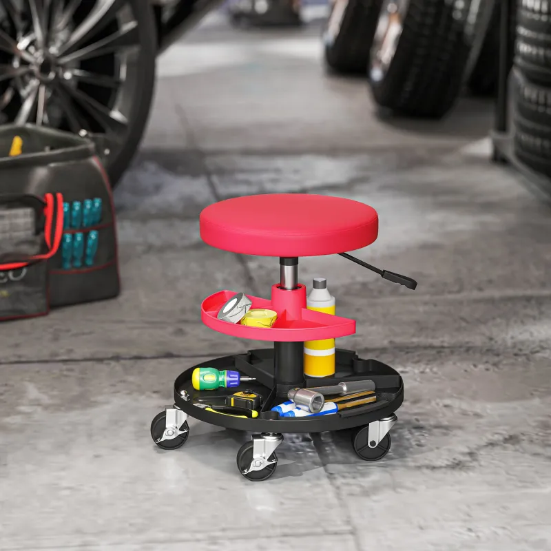 Taburete de Taller Giratorio con Ruedas Altura Ajustable de 40-51 cm y 2 Bandejas Carga 135 kg para Garaje Rojo - Ogal.Es