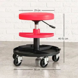 Taburete de Taller Giratorio con Ruedas Altura Ajustable de 40-51 cm y 2 Bandejas Carga 135 kg para Garaje Rojo - Ogal.Es
