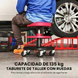 Taburete de Taller Giratorio con Ruedas Altura Ajustable de 40-51 cm y 2 Bandejas Carga 135 kg para Garaje Rojo - Ogal.Es