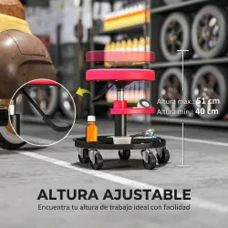 Taburete de Taller Giratorio con Ruedas Altura Ajustable de 40-51 cm y 2 Bandejas Carga 135 kg para Garaje Rojo - Ogal.Es