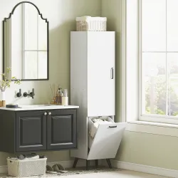 Armario Alto para Baño con Puertas y Estantes Cesto para Ropa Sucia en Espacios Reducidos 35x31,5x144 cm Blanco - Ogal.Es