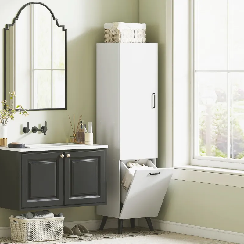 Armario Alto para Baño con Puertas y Estantes Cesto para Ropa Sucia en Espacios Reducidos 35x31,5x144 cm Blanco - Ogal.Es