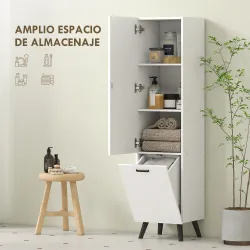 Armario Alto para Baño con Puertas y Estantes Cesto para Ropa Sucia en Espacios Reducidos 35x31,5x144 cm Blanco - Ogal.Es