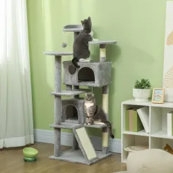 Rascador para Gatos Altura 138 cm Árbol para Gatos con Múltiples Niveles Cuevas Bolas Colgantes y Hamacas Gris C... - Ogal.Es