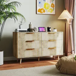 Cómoda de 6 Cajones con Diseño Estriado y Cajonera para Salón Pasillo 62x35x105 cm Roble - Ogal.Es