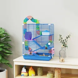 Jaula de Hámster con Túnel Plataformas Cuenco Bebedero Casita Rampas y Rueda de Ejercicio 46x30x58 cm Azul - Ogal.Es