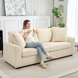 Sofá de 3 Plazas Tapizado en Pana con 2 Almohadas Reposabrazos y Cojín de Muelles para Salón 212x80x88 cm Crema - Ogal.Es