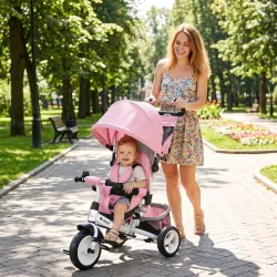 Triciclo para Bebés de +12 Meses con Mango de Empuje Telescópico y Desmontable Bolso para Mamá y Portabotellas Rosa - Ogal.Es