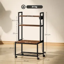Mueble para Impresora de 4 Niveles con Estación de Carga Ruedas y Marco Metálico para Oficina Casa Marrón Rústico - Ogal.Es