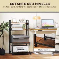 Mueble para Impresora de 4 Niveles con Estación de Carga Ruedas y Marco Metálico para Oficina Casa Marrón Rústico - Ogal.Es