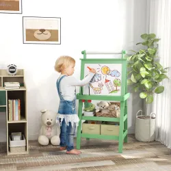 Pizarra Infantil Caballete 3 en 1 Caballete de Pintura para Niños de Doble Cara con Rollo de Papel y Cestas Verde - Ogal.Es
