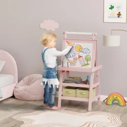 Pizarra Infantil Caballete 3 en 1 Caballete de Pintura para Niños de Doble Cara con Rollo de Papel y Cestas Rosa... - Ogal.Es