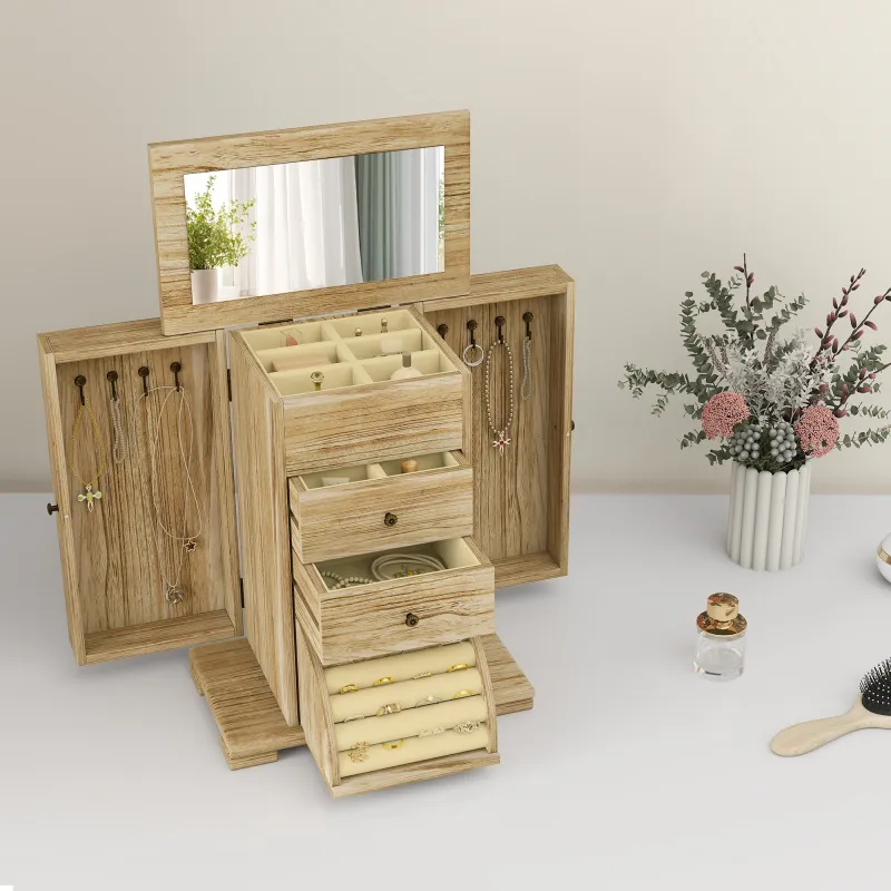 Joyero de Madera de 4 Niveles Joyero Mujer Organizador con 2 Cajones Espejo para Pendientes Anillos Collares Nat... - Ogal.Es
