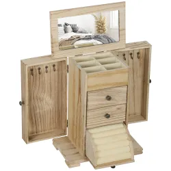 Joyero de Madera de 4 Niveles Joyero Mujer Organizador con 2 Cajones Espejo para Pendientes Anillos Collares Nat... - Ogal.Es