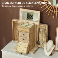 Joyero de Madera de 4 Niveles Joyero Mujer Organizador con 2 Cajones Espejo para Pendientes Anillos Collares Nat... - Ogal.Es