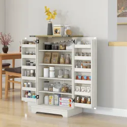 Armario Despensa Cocina con 2 Puertas 16 Estantes y Estante Ajustable para Comedor Salón 60x40x104 cm Crema - Ogal.Es