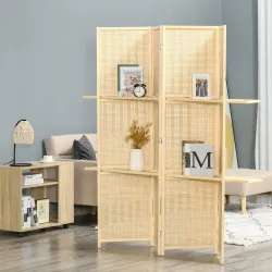 Biombo Separador de Ambientes Plegable de 4 Paneles con 2 Estantes Extraíbles para Dormitorio 180x180 cm Natural - Ogal.Es