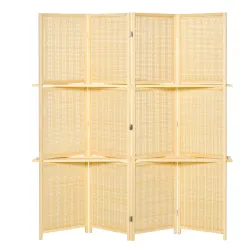 Biombo Separador de Ambientes Plegable de 4 Paneles con 2 Estantes Extraíbles para Dormitorio 180x180 cm Natural - Ogal.Es