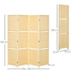 Biombo Separador de Ambientes Plegable de 4 Paneles con 2 Estantes Extraíbles para Dormitorio 180x180 cm Natural - Ogal.Es