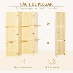Biombo Separador de Ambientes Plegable de 4 Paneles con 2 Estantes Extraíbles para Dormitorio 180x180 cm Natural - Ogal.Es
