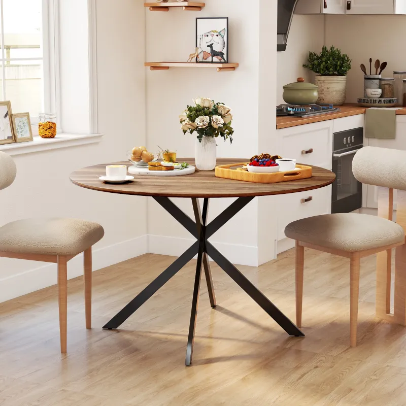 Mesa de Comedor Redonda para 4 Personas con Estructura de Acero Ø120x75 cm Marrón Oscuro - Ogal.Es