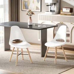 Pack de 2 Sillas de Comedor de Plástico con Respaldo Curvado y Patas de Madera de Caucho Blanco - Ogal.Es