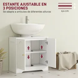 Mueble bajo Lavabo con 2 Puertas con Diseño de Arco Estante Ajustable Tiradores Dorados 60x30x65 cm Blanco - Ogal.Es
