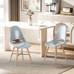 Pack de 2 Sillas de Comedor de Plástico con Respaldo Curvado y Patas de Madera de Caucho Gris - Ogal.Es