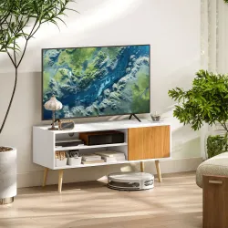 Mueble de TV con 2 Compartimentos Orificio para Cables para Televisión de 55 Pulgadas 110x40x50 cm Blanco y Natural - Ogal.Es
