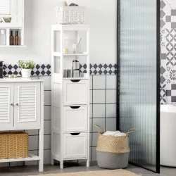 Armario Alto de Baño Estrecho con 3 Cajones y 2 Estantes Abiertos Estilo Moderno 30x30x141,6 cm Blanco - Ogal.Es
