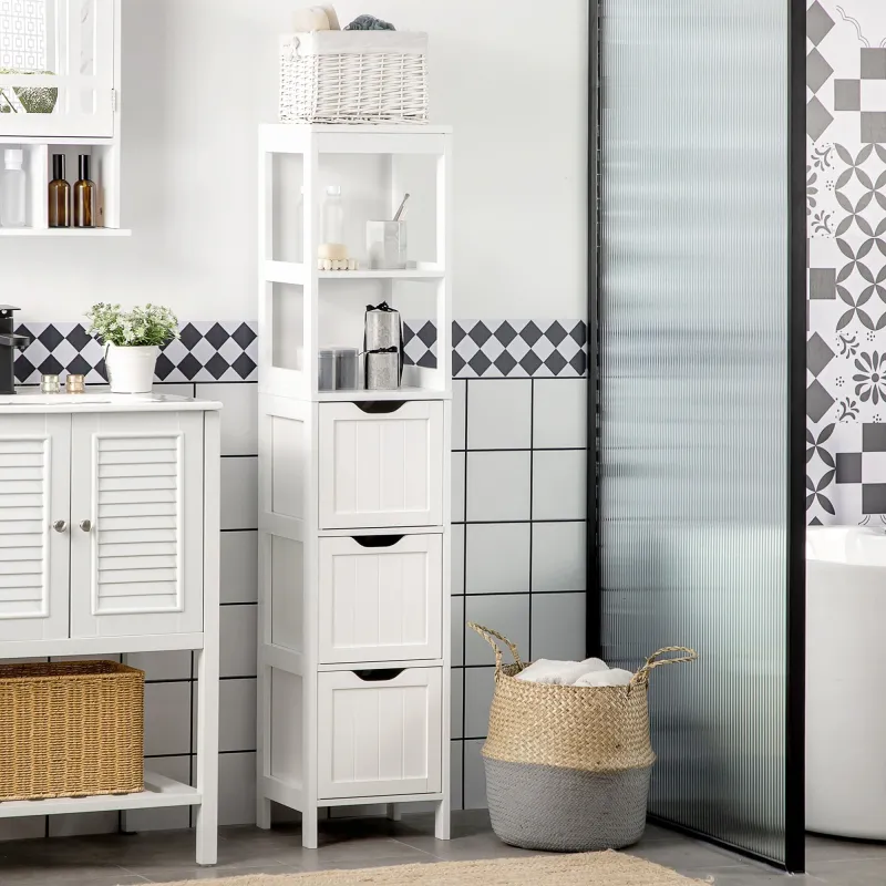 Armario Alto de Baño Estrecho con 3 Cajones y 2 Estantes Abiertos Estilo Moderno 30x30x141,6 cm Blanco - Ogal.Es