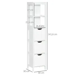 Armario Alto de Baño Estrecho con 3 Cajones y 2 Estantes Abiertos Estilo Moderno 30x30x141,6 cm Blanco - Ogal.Es