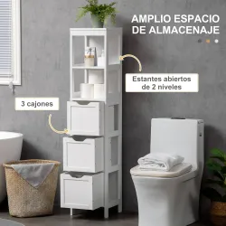 Armario Alto de Baño Estrecho con 3 Cajones y 2 Estantes Abiertos Estilo Moderno 30x30x141,6 cm Blanco - Ogal.Es