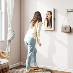 Espejo Joyero de Pared con Cerradura y Varios Compartimentos Montar en Pared o Puerta Blanco y Forro Crema - Ogal.Es