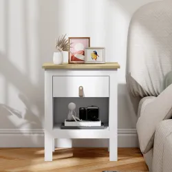 Mesilla de Noche con 1 Cajón Compartimento Abierto Tirador de PU Mesa Auxiliar para Salón Dormitorio 45x40x55 cm... - Ogal.Es