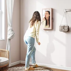 Espejo Joyero de Pared con Cerradura y Varios Compartimentos Montar en Pared o Puerta Rosa y Forro Beige - Ogal.Es