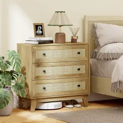 Cómoda con 3 Cajones Cajonera de Madera con Frontales de Ratán Estilo Cannage para Dormitorio 80x35x76 cm Natural - Ogal.Es