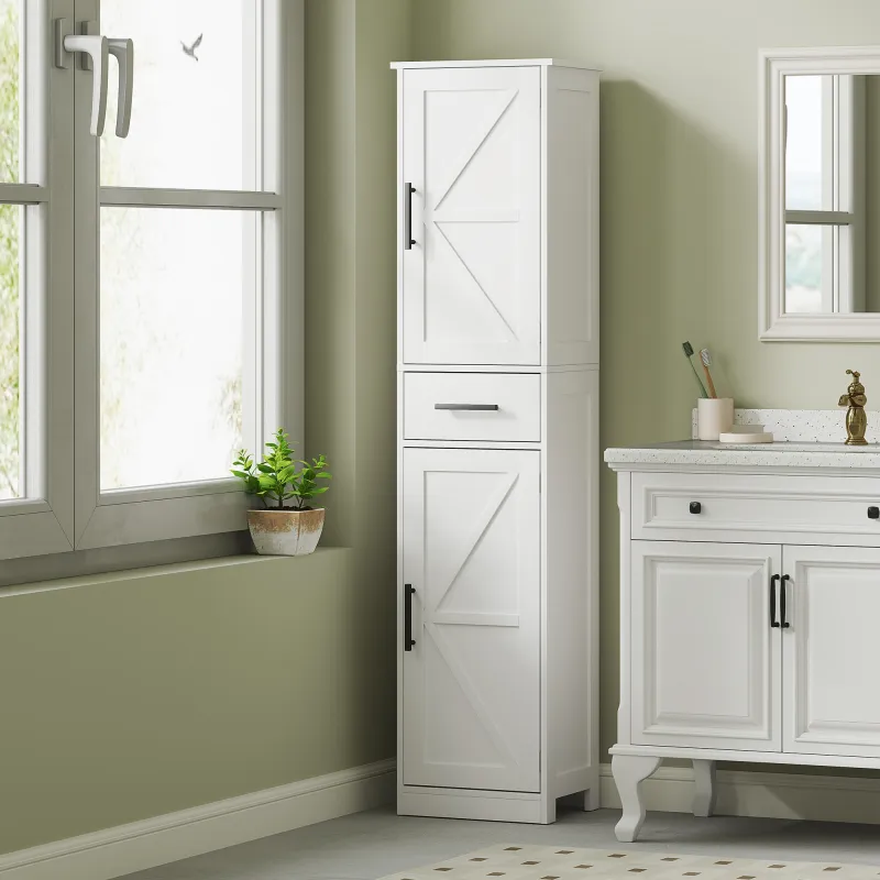 Armario Alto de Baño Estrecho con 2 Puertas 1 Cajón y 2 Estantes Ajustables Estilo Rústico 40x30x170 cm Blanco - Ogal.Es