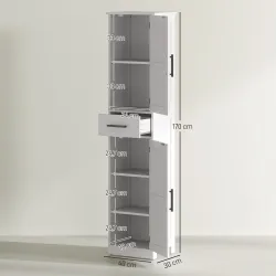 Armario Alto de Baño Estrecho con 2 Puertas 1 Cajón y 2 Estantes Ajustables Estilo Rústico 40x30x170 cm Blanco - Ogal.Es