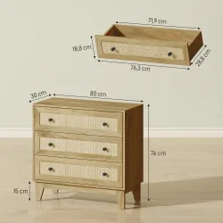 Cómoda con 3 Cajones Cajonera de Madera con Frontales de Ratán Estilo Cannage para Dormitorio 80x35x76 cm Natural - Ogal.Es