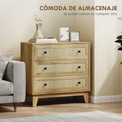 Cómoda con 3 Cajones Cajonera de Madera con Frontales de Ratán Estilo Cannage para Dormitorio 80x35x76 cm Natural - Ogal.Es