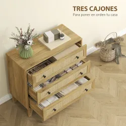 Cómoda con 3 Cajones Cajonera de Madera con Frontales de Ratán Estilo Cannage para Dormitorio 80x35x76 cm Natural - Ogal.Es