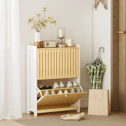 Zapatero Estrecho con 2 Puertas de Bambú con Listones Estantes Ajustables para 12 Pares de Zapatos Blanco y Natural - Ogal.Es