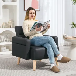Sillón Tapizado en Cuero Sintético Respaldo con Costuras y Patas de Madera para Salón o Dormitorio 77x78x78 cm N... - Ogal.Es