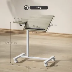 Mesa Auxiliar con Ruedas Altura Ajustable Superficie Inclinable y Marco de Metal 57x40x67,5-101 cm Roble y Blanco - Ogal.Es