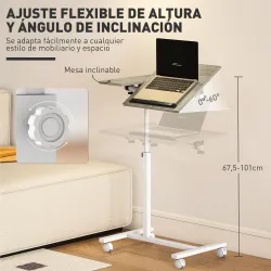 Mesa Auxiliar con Ruedas Altura Ajustable Superficie Inclinable y Marco de Metal 57x40x67,5-101 cm Roble y Blanco - Ogal.Es