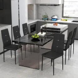 Juego de 6 Sillas de Comedor Tapizada en PU con Respaldo Alto con Botones y Patas de Acero Diseño Moderno Negro - Ogal.Es